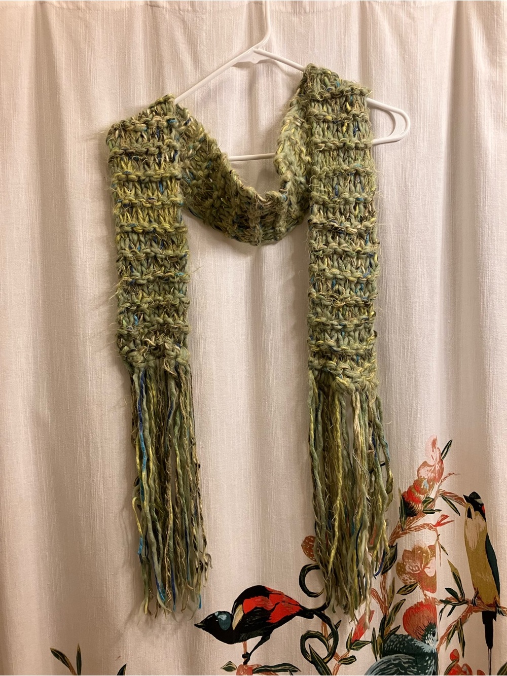 Handmade green crochet mermaid knit scarf with fluffy fringes